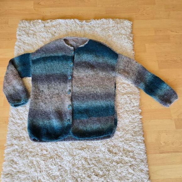 Handmade Sweaters - Women's Hand Made Crochet Multicolor Striped Sweater Button Down Size Medium‎